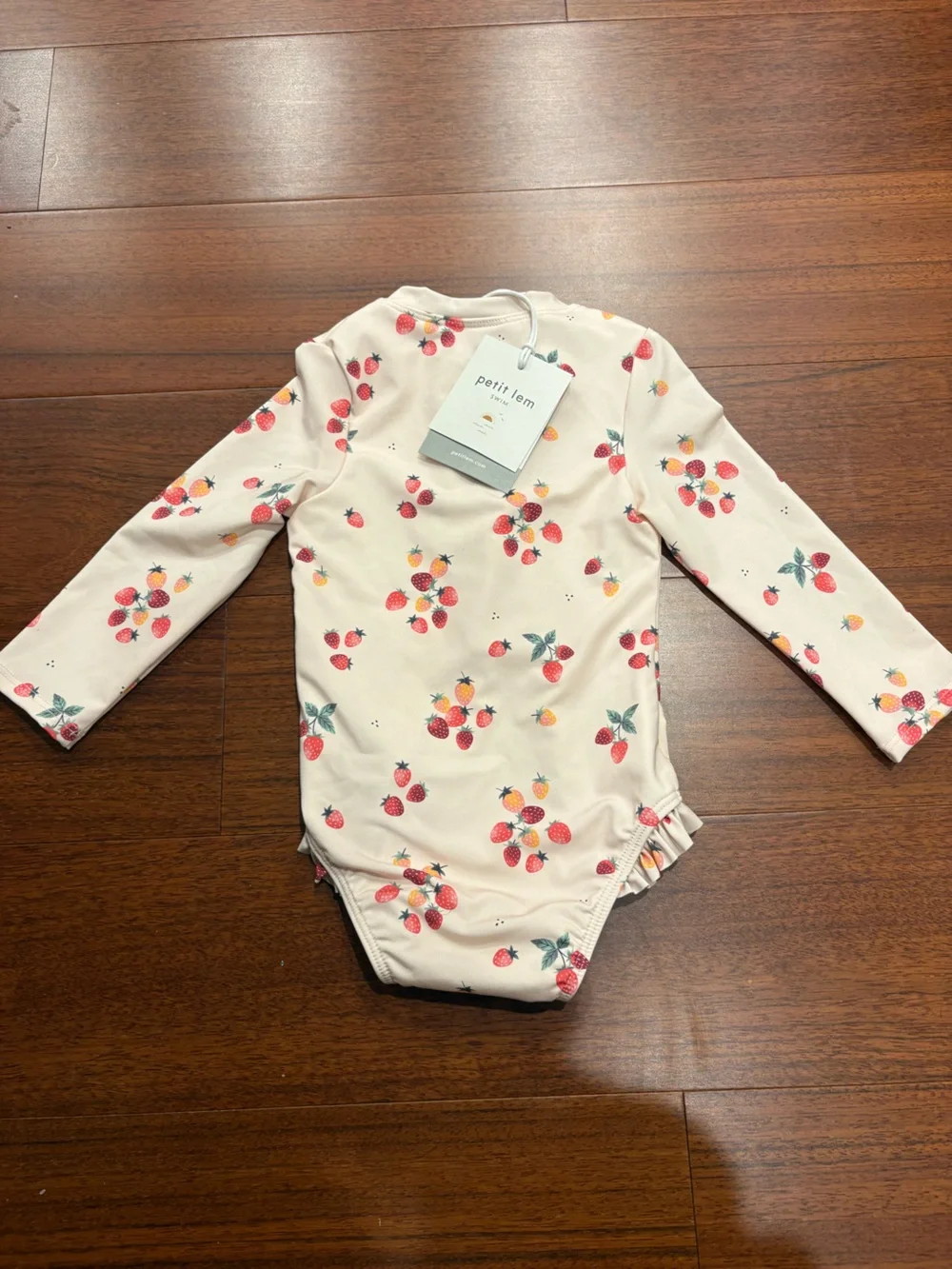 Petit Lem Cream Pink Strawberry Print Long-Sleeve One-Piece Swimsuit